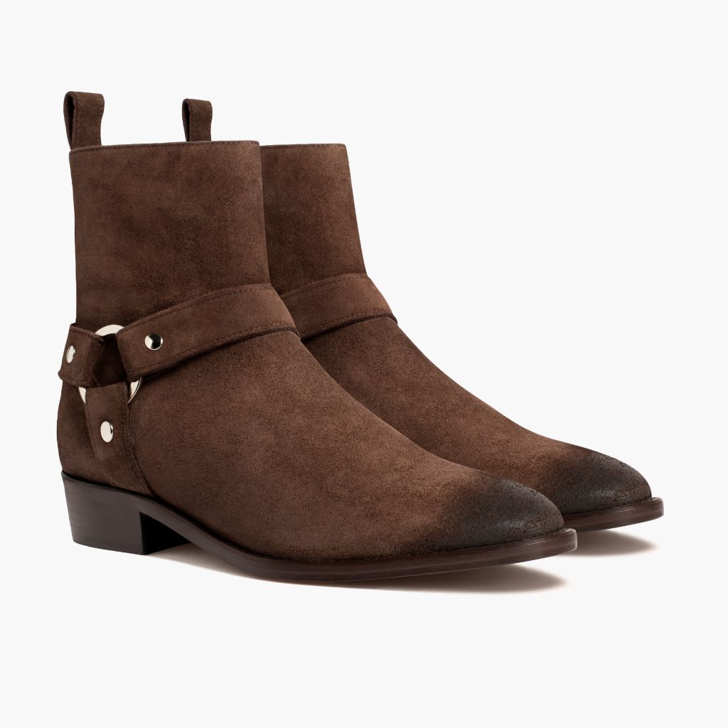 Harness Dark Brown Suede Leather Boots in Dark Brown Goatskin Suede - Lateral Side Profile View | Buy Online