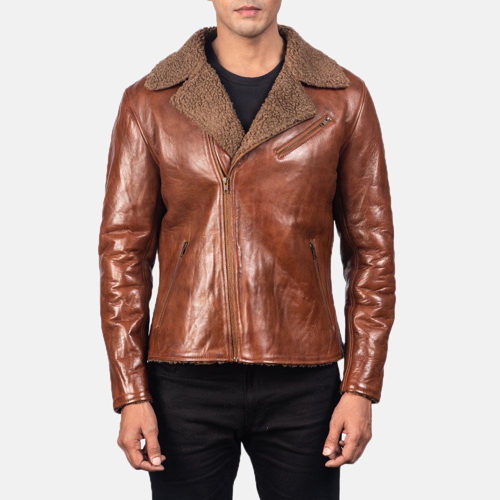 Men's Alberto Shearling Brown Leather Jacket - Lateral Side Profile View Showing Sleeve Cut &amp; Athletic Taper Fit