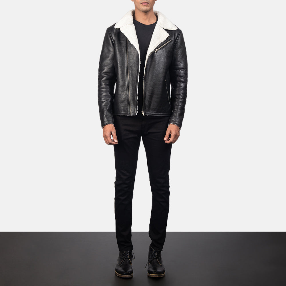 Close-Up Detail of Notch &amp; Zipper Hardware on Men's Alberto White Shearling Black Leather Jacket