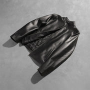 Open Hem &amp; Hem Craftsmanship Construction Detail on Men's Alex Black Leather Biker Jacket