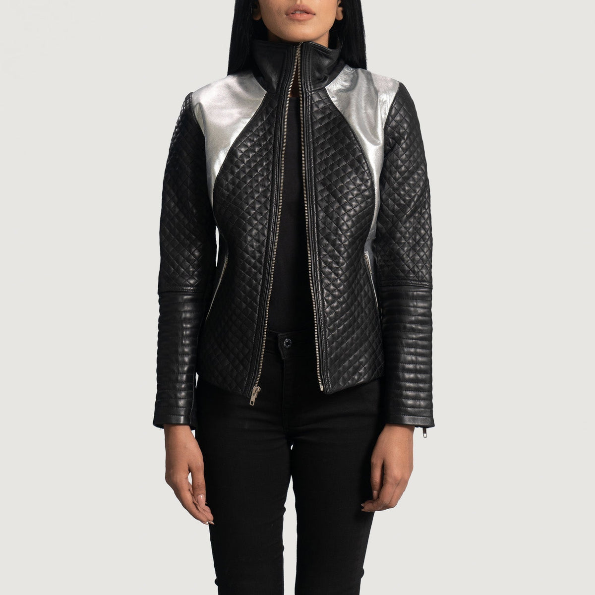 Women's Alia Metallic Black Leather Biker Jacket in Black Sheepskin Leather - Front Profile View & Tailored Silhouette | Buy Online