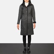 
Women's Alina Shearling Black Leather Coat - Lateral Side Profile View Showing Sleeve Cut & Athletic Taper Fit