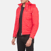 
Red Nylon Winter Jacket - Back View Showing Tailored Shoulder Fit & Clean Hemline