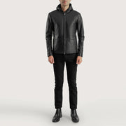 Close-Up Detail of Hooded &amp; Zipper Hardware on Men's Andy Matte Black Hooded Leather Jacket
