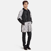 
Men's Artistry Black Dye Leather Coat - Lateral Side Profile View Showing Sleeve Cut & Athletic Taper Fit
