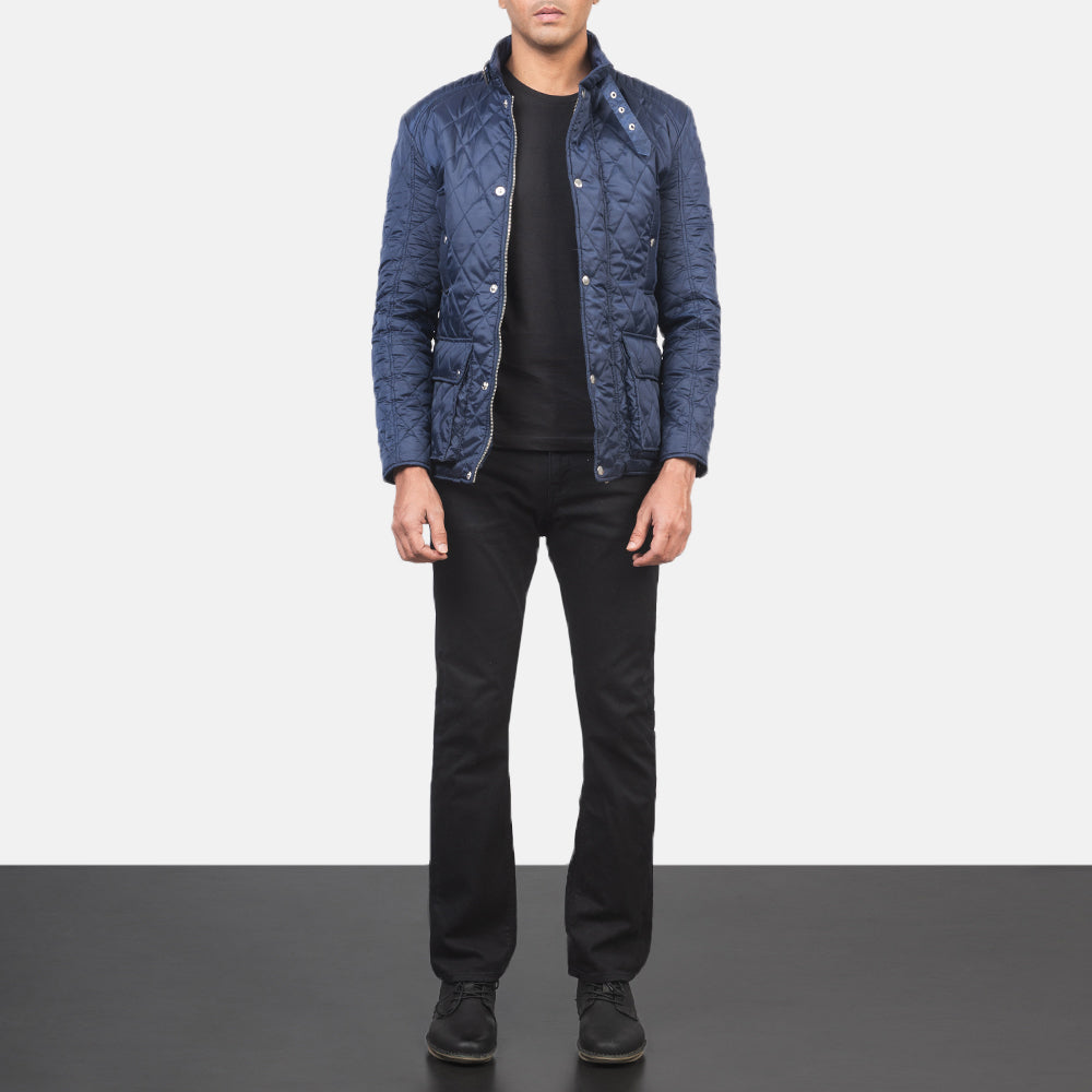 Close-Up Detail of Belted Band &amp; Button Hardware on Men's Barry Quilted Blue Windbreaker Jacket