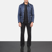 Close-Up Detail of Belted Band &amp; Button Hardware on Men's Barry Quilted Blue Windbreaker Jacket