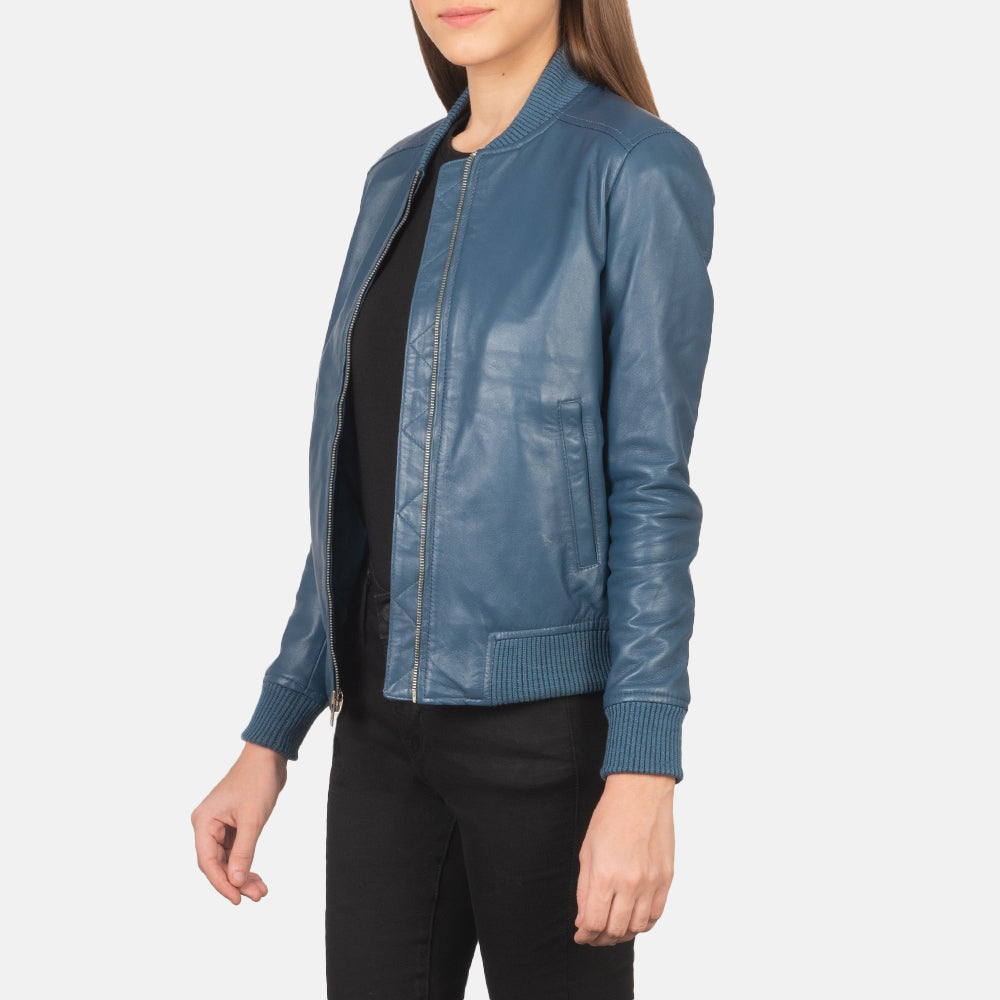 
Blue Sheepskin Leather Bomber Jacket - Back View Showing Tailored Shoulder Fit & Clean Hemline