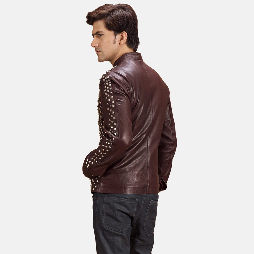 
Maroon Sheepskin Leather Biker Jacket - Back View Showing Tailored Shoulder Fit & Clean Hemline