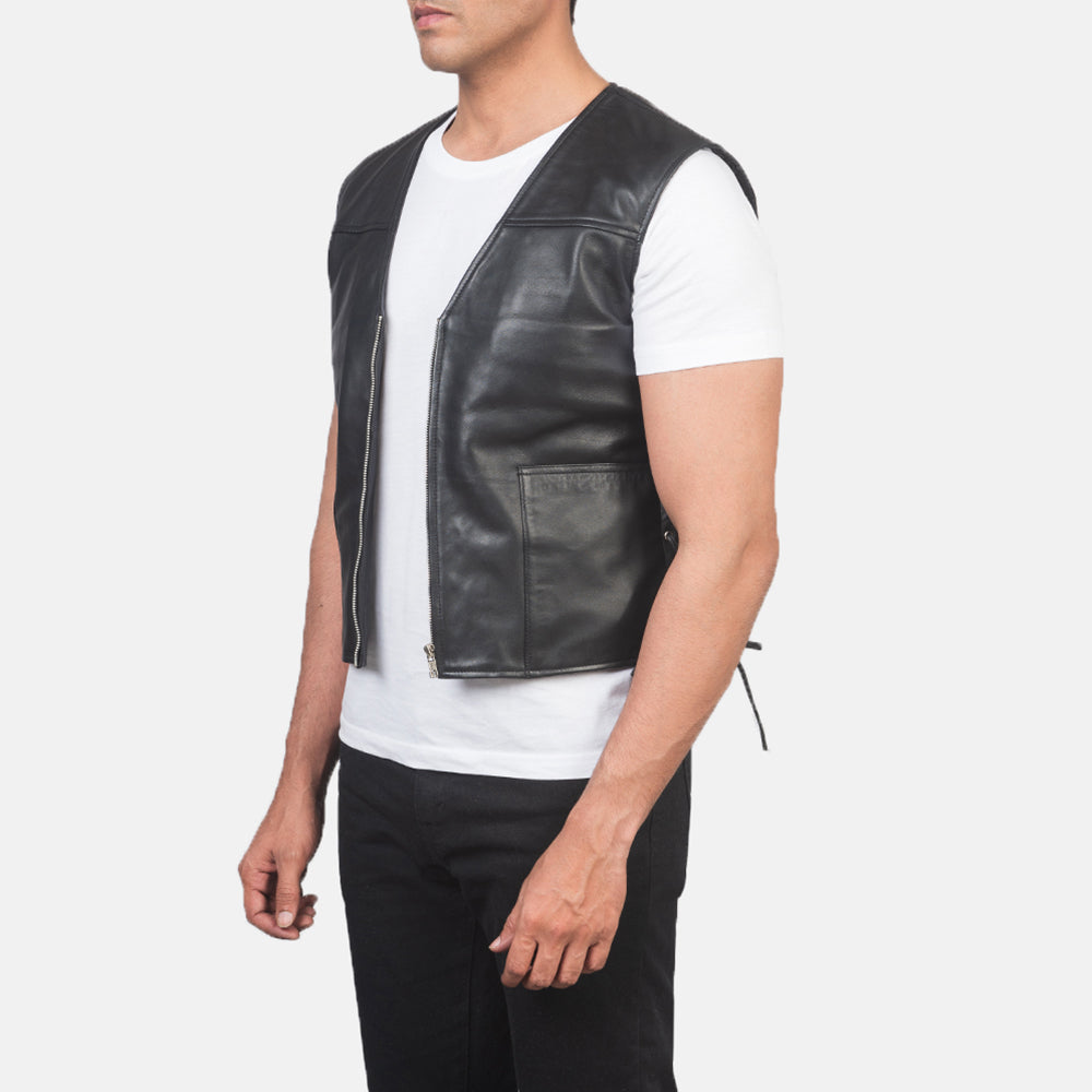 
Black Sheepskin leather Vest - Back View Showing Tailored Shoulder Fit & Clean Hemline