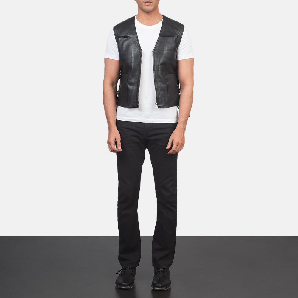 Men's Brandon Black Leather Vest - Lateral Side Profile View Showing Sleeve Cut & Athletic Taper Fit