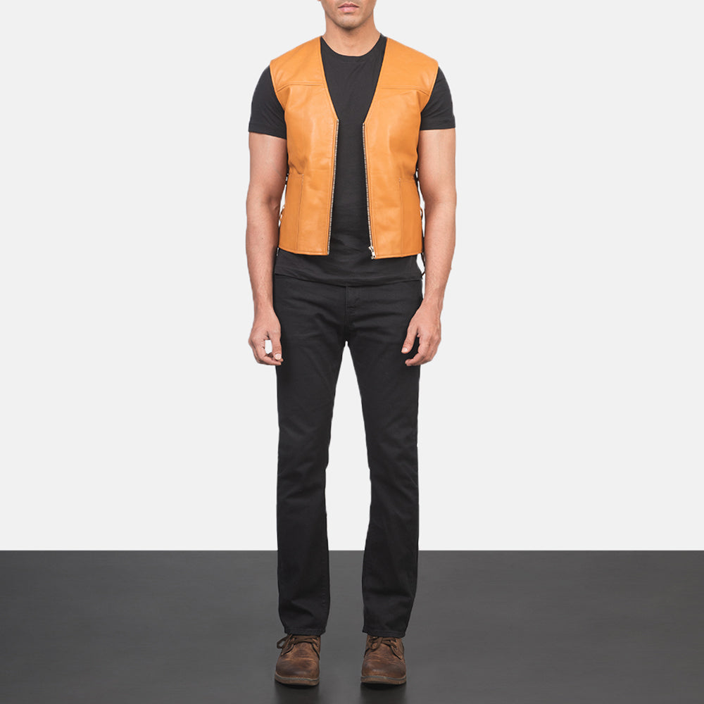 
Men's Brandon Tan Brown Leather Vest - Lateral Side Profile View Showing Sleeve Cut & Athletic Taper Fit
