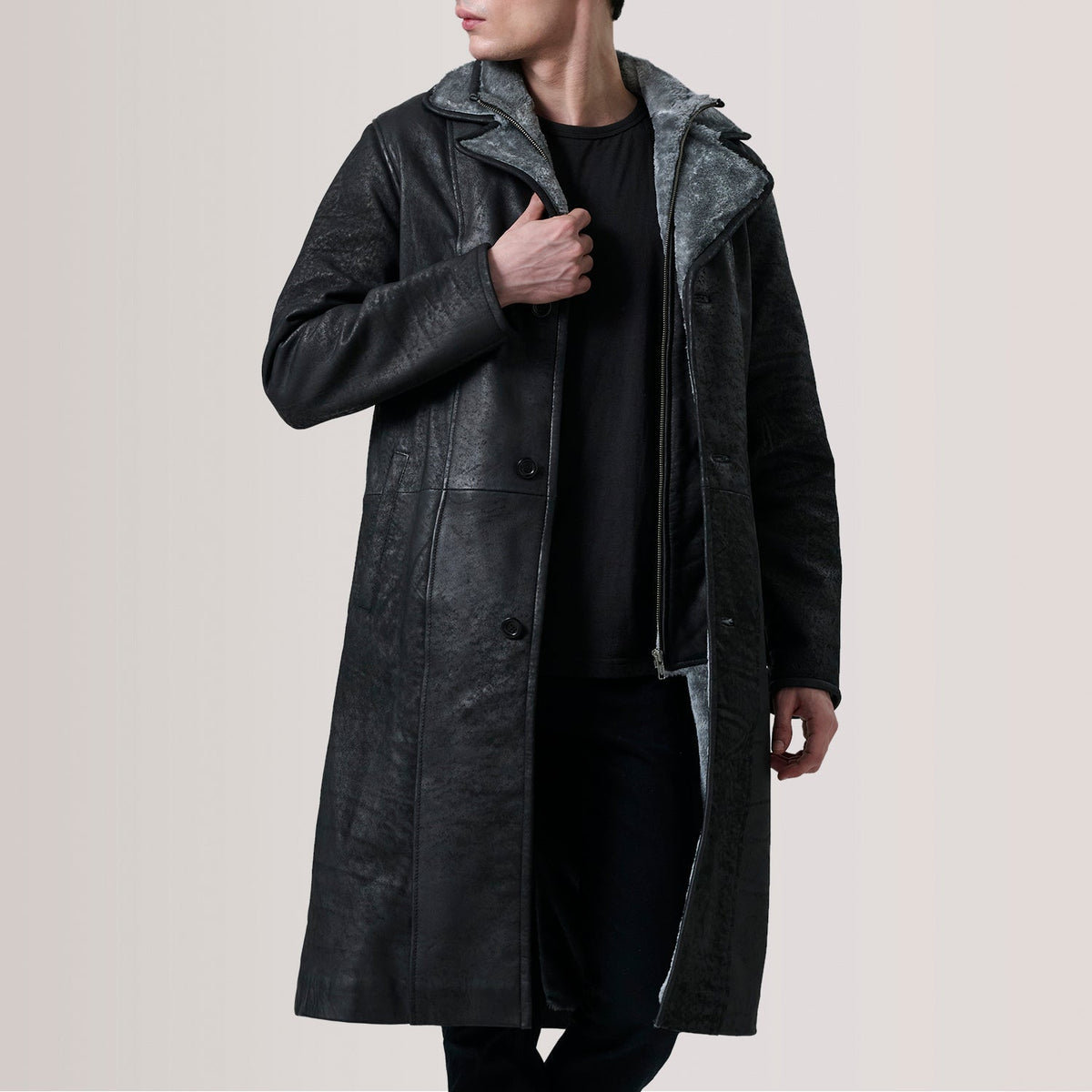 
Cai Distressed Black Leather Shearling Coat For Men in Distressed Black Sheepskin Snuffed - Front Profile View & Tailored Silhouette | Buy Online
