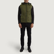 
Carlo Green Hooded Puffer Vest - Lateral Side Profile View Showing Sleeve Cut & Athletic Taper Fit