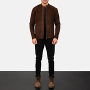 
Men's Charcoal Mocha Suede Biker Jacket - Lateral Side Profile View Showing Sleeve Cut & Athletic Taper Fit