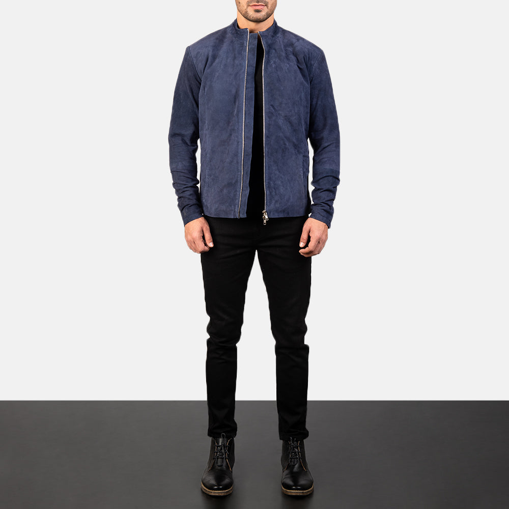 
Men's Charcoal Navy Blue Suede Biker Jacket - Lateral Side Profile View Showing Sleeve Cut & Athletic Taper Fit