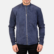 
Close-Up Detail of Mandarin & Zipper with Dual Puller Hardware on Men's Charcoal Navy Blue Suede Biker Jacket