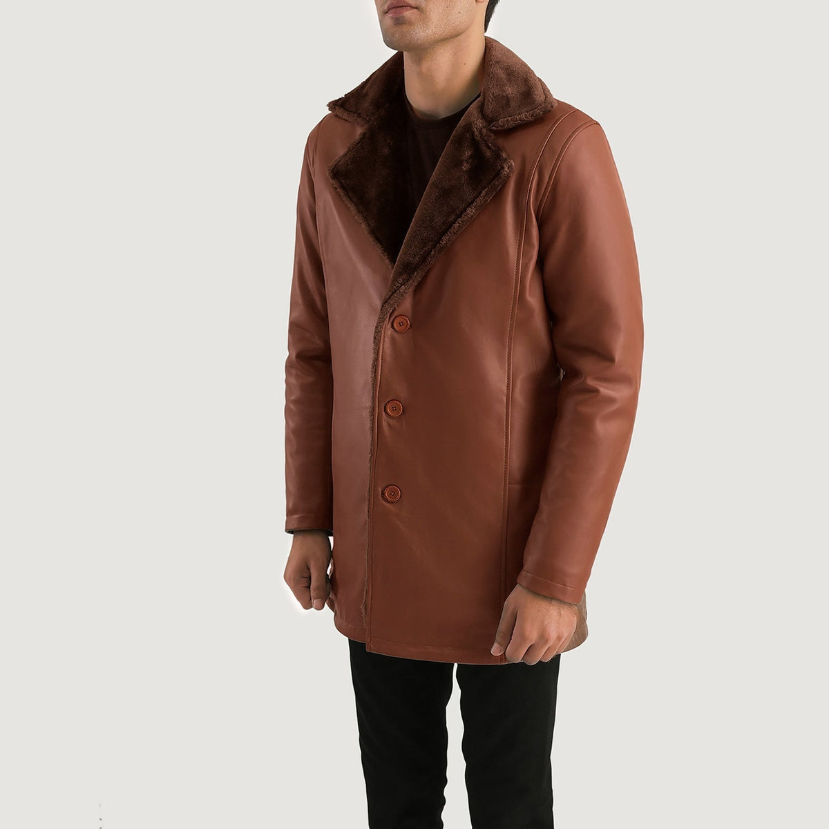 
Brown Sheepskin Burnishing Winter Jacket - Back View Showing Tailored Shoulder Fit & Clean Hemline