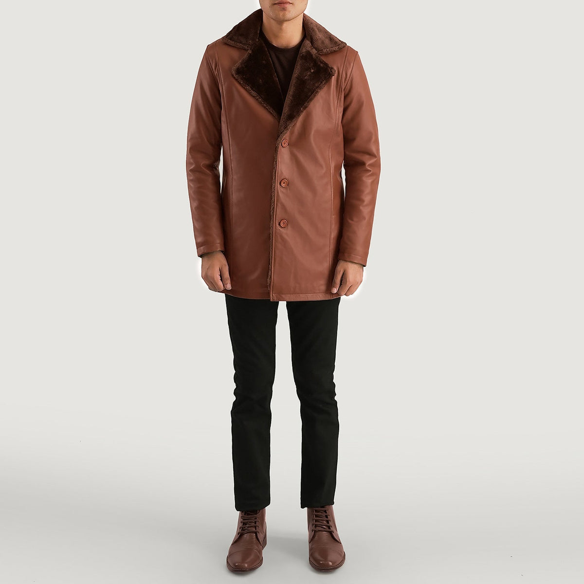 
Men's Cinnamon Brown Leather Fur Coat - Lateral Side Profile View Showing Sleeve Cut & Athletic Taper Fit