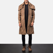 
Men's Classic Brown Leather Duster in Distressed Brown Sheepskin Snuffed - Front Profile View & Tailored Silhouette | Buy Online