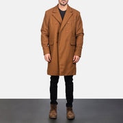 
Men's Claud Khaki Wool Double Breasted Coat - Lateral Side Profile View Showing Sleeve Cut & Athletic Taper Fit