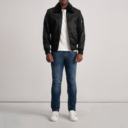 
Clyde B-15 Black Bomber Jacket - Lateral Side Profile View Showing Sleeve Cut & Athletic Taper Fit