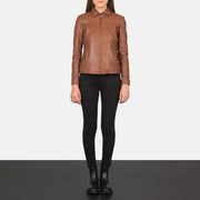 
Women Colette Brown Leather Jacket - Lateral Side Profile View Showing Sleeve Cut & Athletic Taper Fit