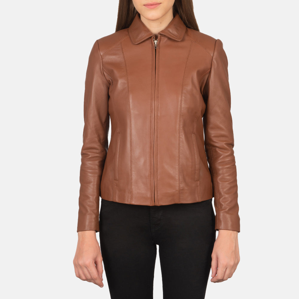 
Close-Up Detail of Shirt & Zipper Hardware on Women Colette Brown Leather Jacket