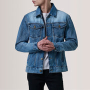 Conard Ice Blue Denim Trucker Jacket For Men in Ice Blue Full-Grain Leather - Front Profile View &amp; Tailored Silhouette | Buy Online