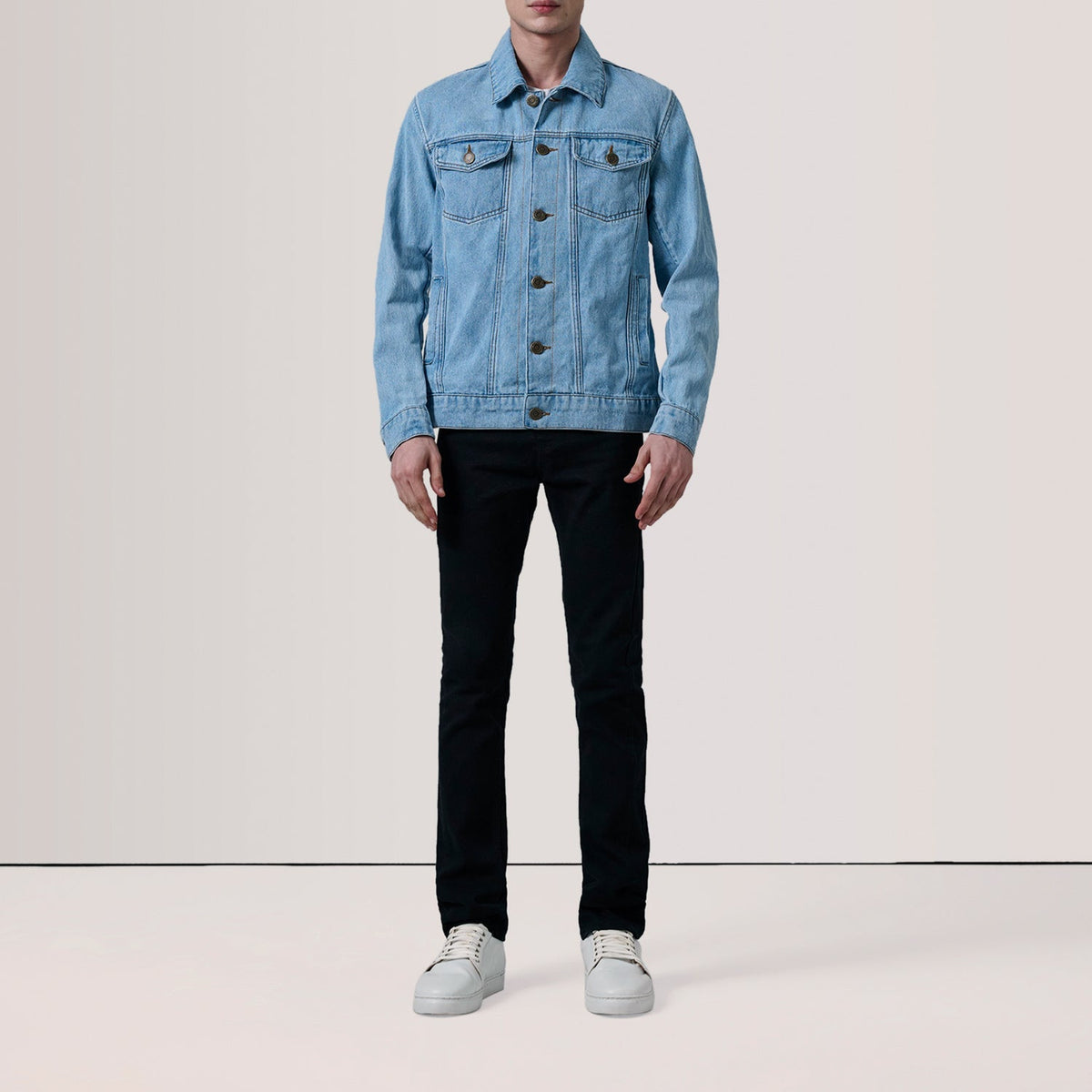 
Light Blue Full-Grain leather Jacket - Back View Showing Tailored Shoulder Fit & Clean Hemline