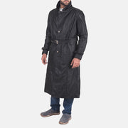 Black Cowhide Leather Trench Coat - Back View Showing Tailored Shoulder Fit &amp; Clean Hemline