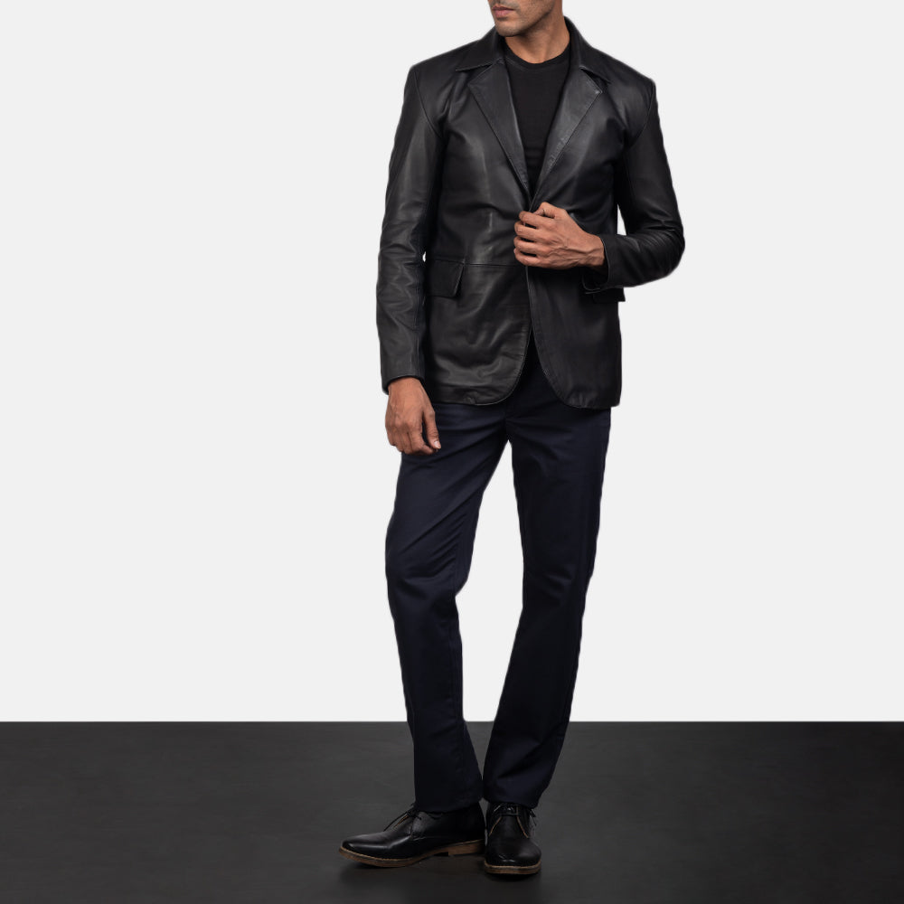 
Men's Daron Black Leather Blazer - Lateral Side Profile View Showing Sleeve Cut & Athletic Taper Fit