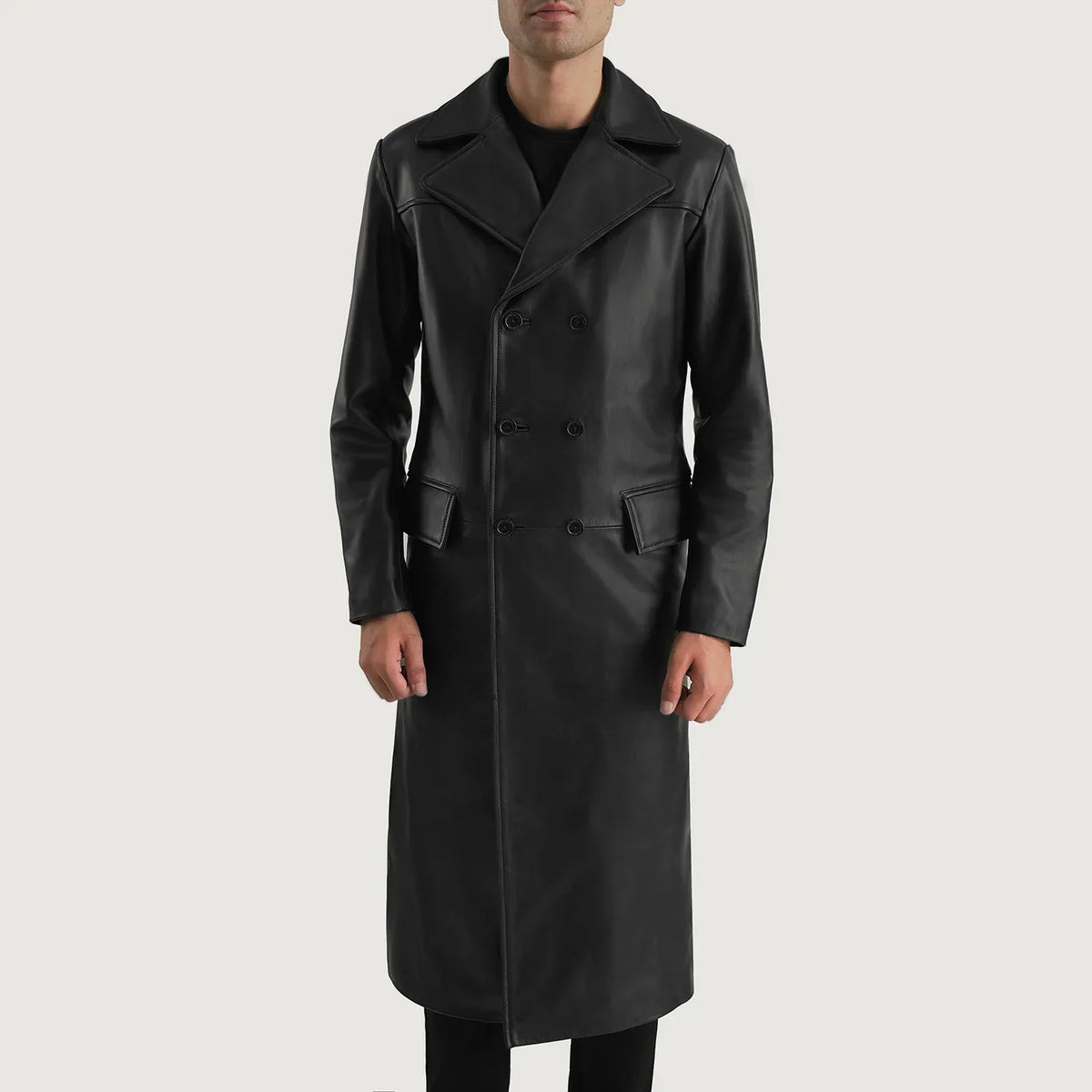 
Close-Up Detail of Notch & Button Hardware on Delmar Black Leather Double Breasted Coat