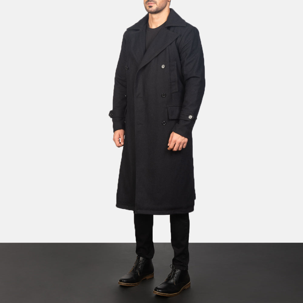 
Black Synthetic Wool Trench Coat - Back View Showing Tailored Shoulder Fit & Clean Hemline