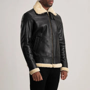 
Black Sheepskin Leather Bomber Jacket - Back View Showing Tailored Shoulder Fit & Clean Hemline