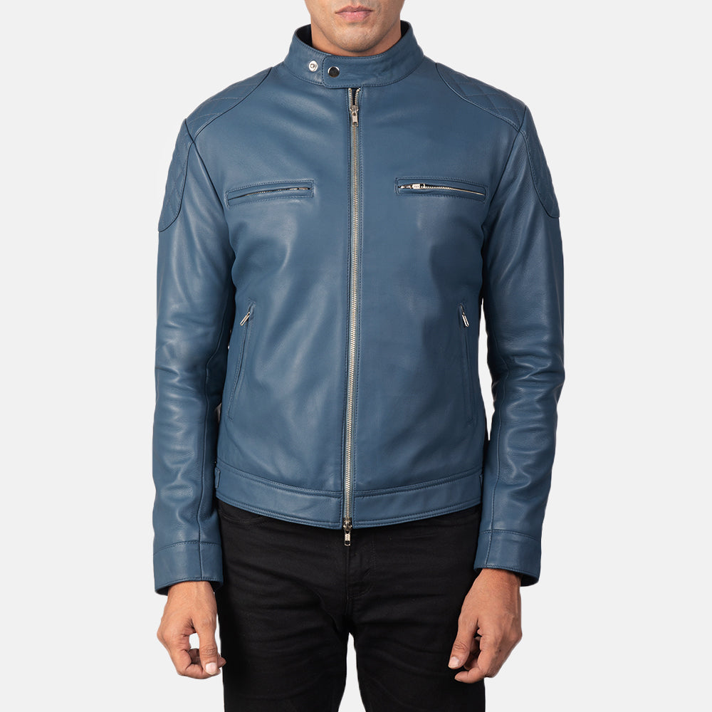 
Close-Up Detail of Band with snap buttons & Zipper Hardware on Men's Gatsby Quilted Blue Leather Biker Jacket