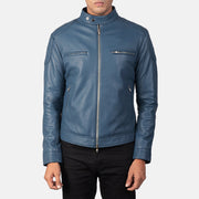 
Close-Up Detail of Band with snap buttons & Zipper Hardware on Men's Gatsby Quilted Blue Leather Biker Jacket