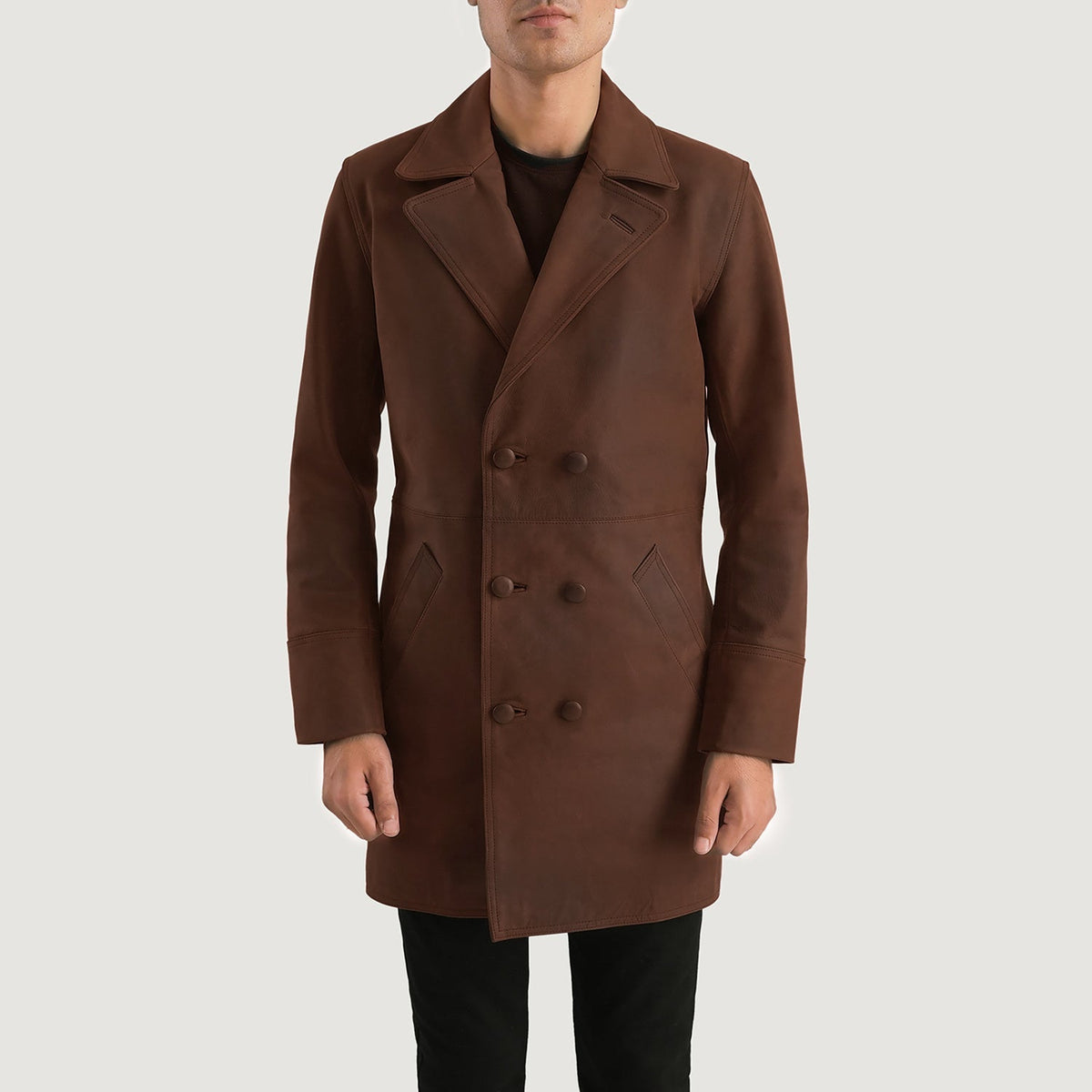 Men's Half Life Brown Leather Coat in Distressed Brown Cowhide Leather - Front Profile View &amp; Tailored Silhouette | Buy Online