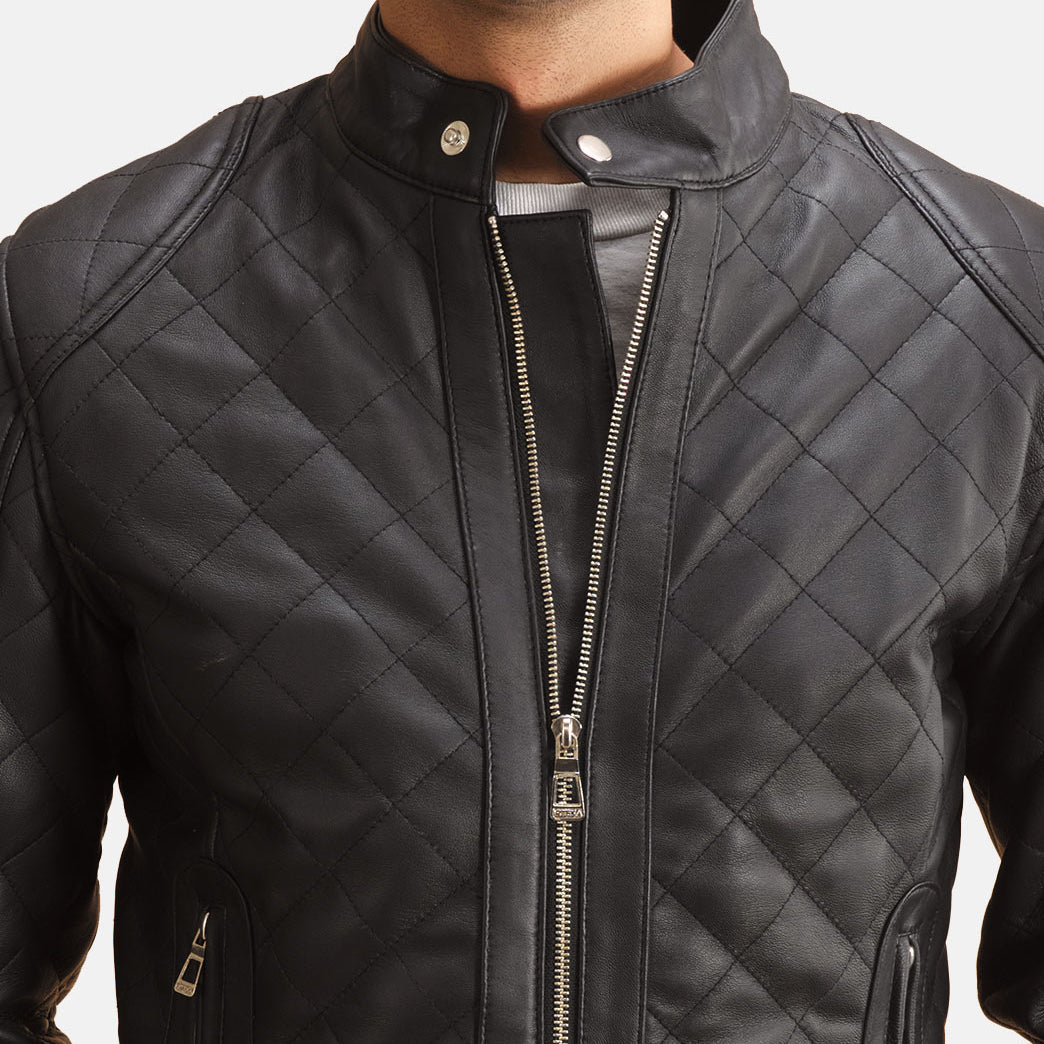 Close-Up Detail of Band with Snap Button &amp; Zipper Hardware on Henry Quilted Black Leather Jacket