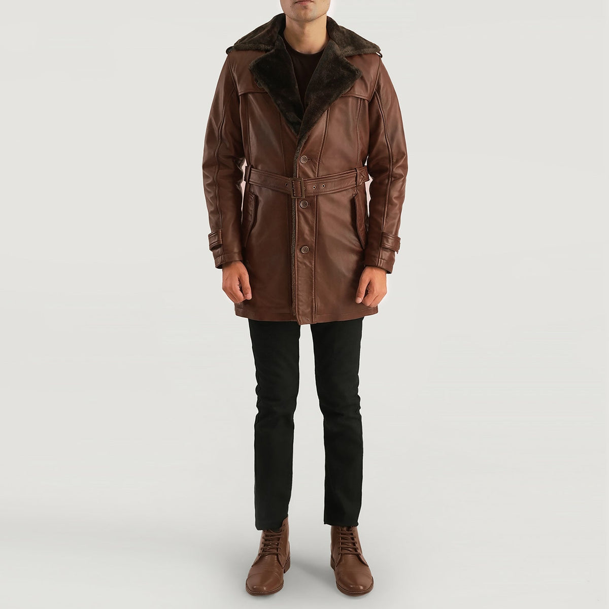 
Close-Up Detail of Notch & Button Hardware on Men's Hunter Distressed Brown Fur Leather Coat