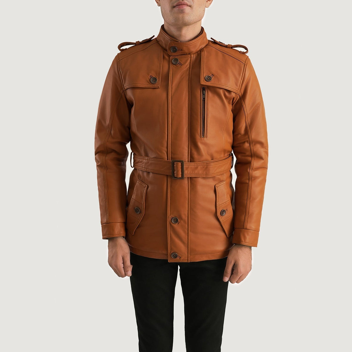 Close-Up Detail of Band (Buttoned) &amp; Zipper with Button Flap Hardware on Hunter Tan Brown Fur Leather Jacket