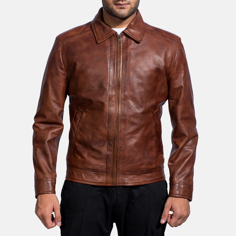 
Open hem & Hem Craftsmanship Construction Detail on Men's Inferno Brown Leather Jacket