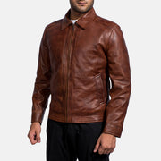 
Styled Fit Perspective of Men's Inferno Brown Leather Jacket on Model - Natural Daylight Drape