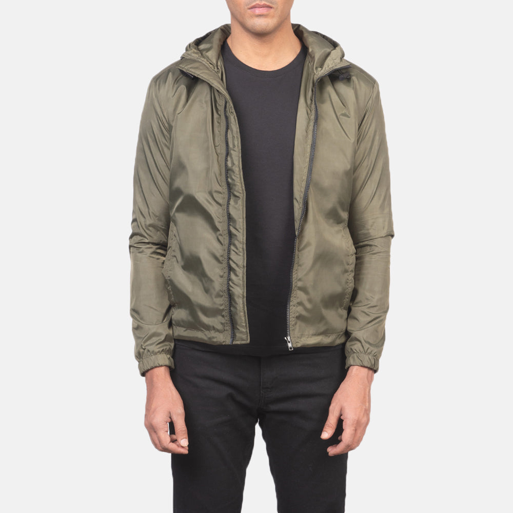 
Men's Jimmy Green Hooded Windbreaker Jacket in Green Nylon - Front Profile View & Tailored Silhouette | Buy Online