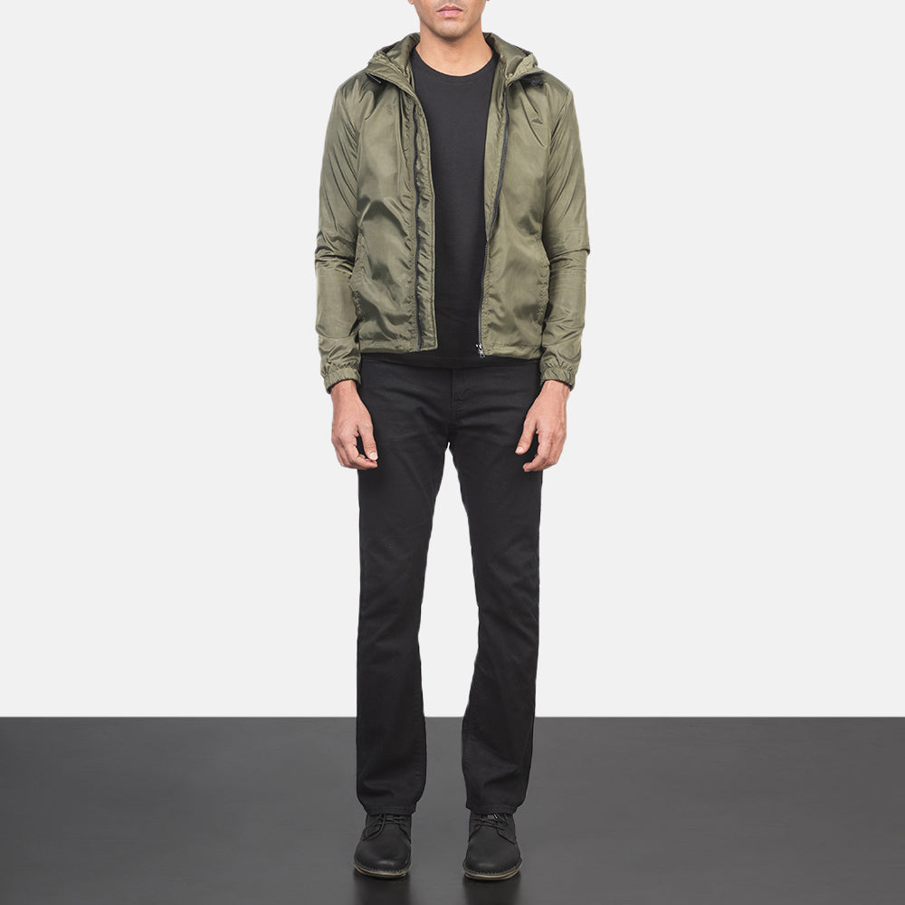 
Men's Jimmy Green Hooded Windbreaker Jacket - Lateral Side Profile View Showing Sleeve Cut & Athletic Taper Fit