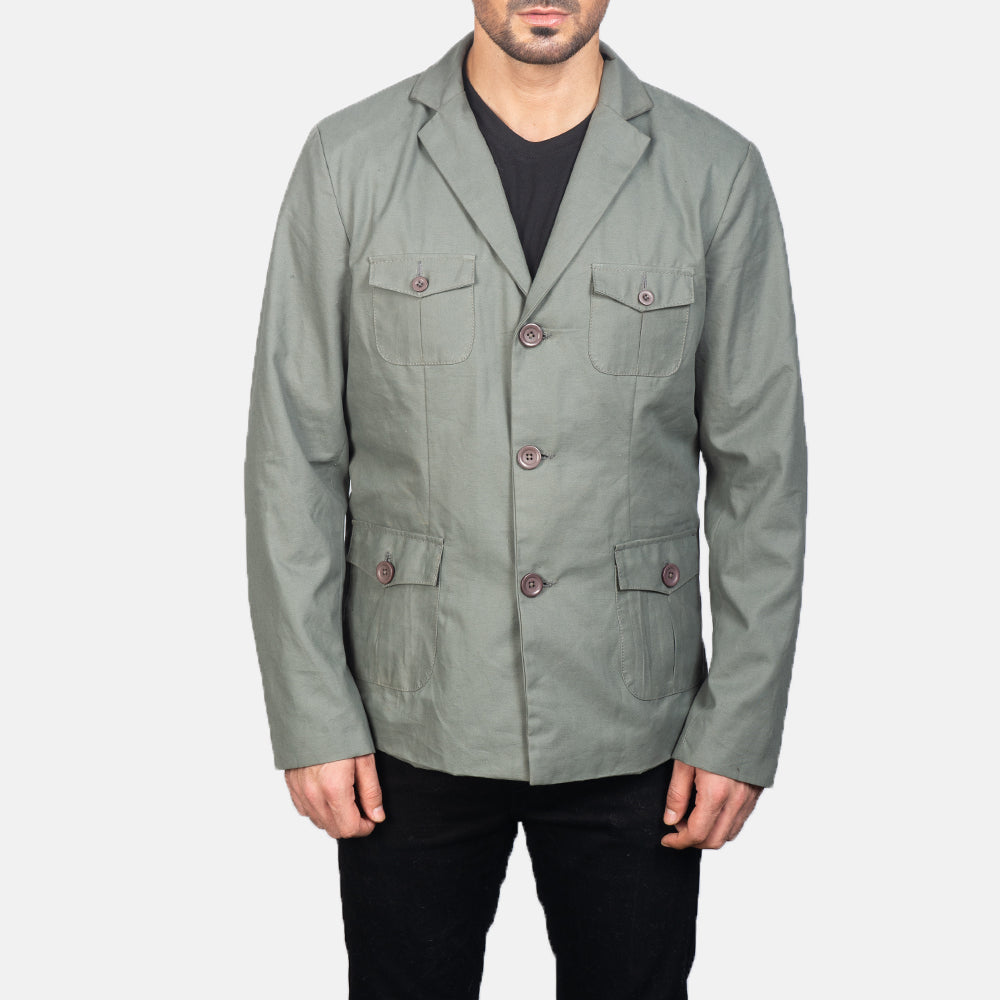 
Close-Up Detail of Notch & Button Hardware on Kajetan Grey Safari Jacket