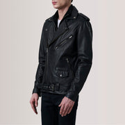 Kole Black Leather Double Rider Jacket For Men - Lateral Side Profile View Showing Sleeve Cut &amp; Athletic Taper Fit