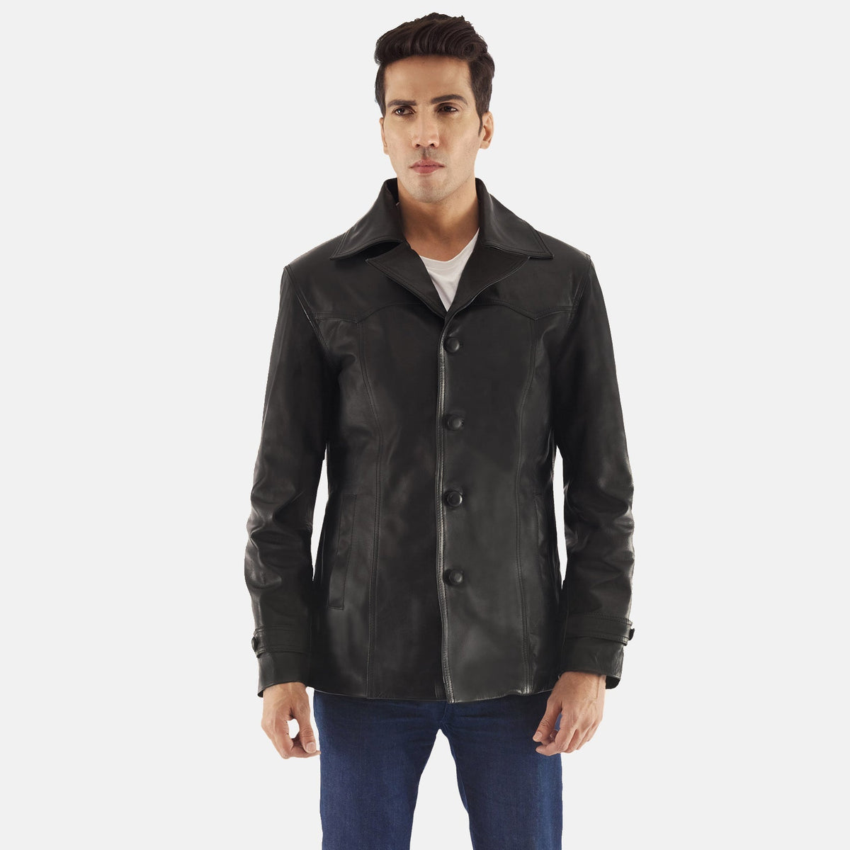 Leo Black Leather Coat in Black Cowhide Leather - Front Profile View &amp; Tailored Silhouette | Buy Online