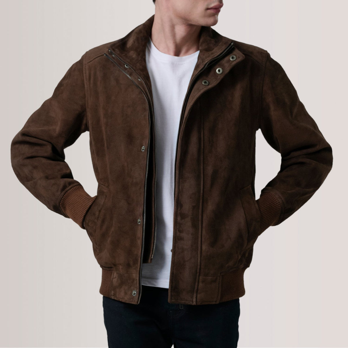 
Tailored Rib Cuffs & Hem Craftsmanship Construction Detail on Lester Brown Suede Bomber Jacket For Men