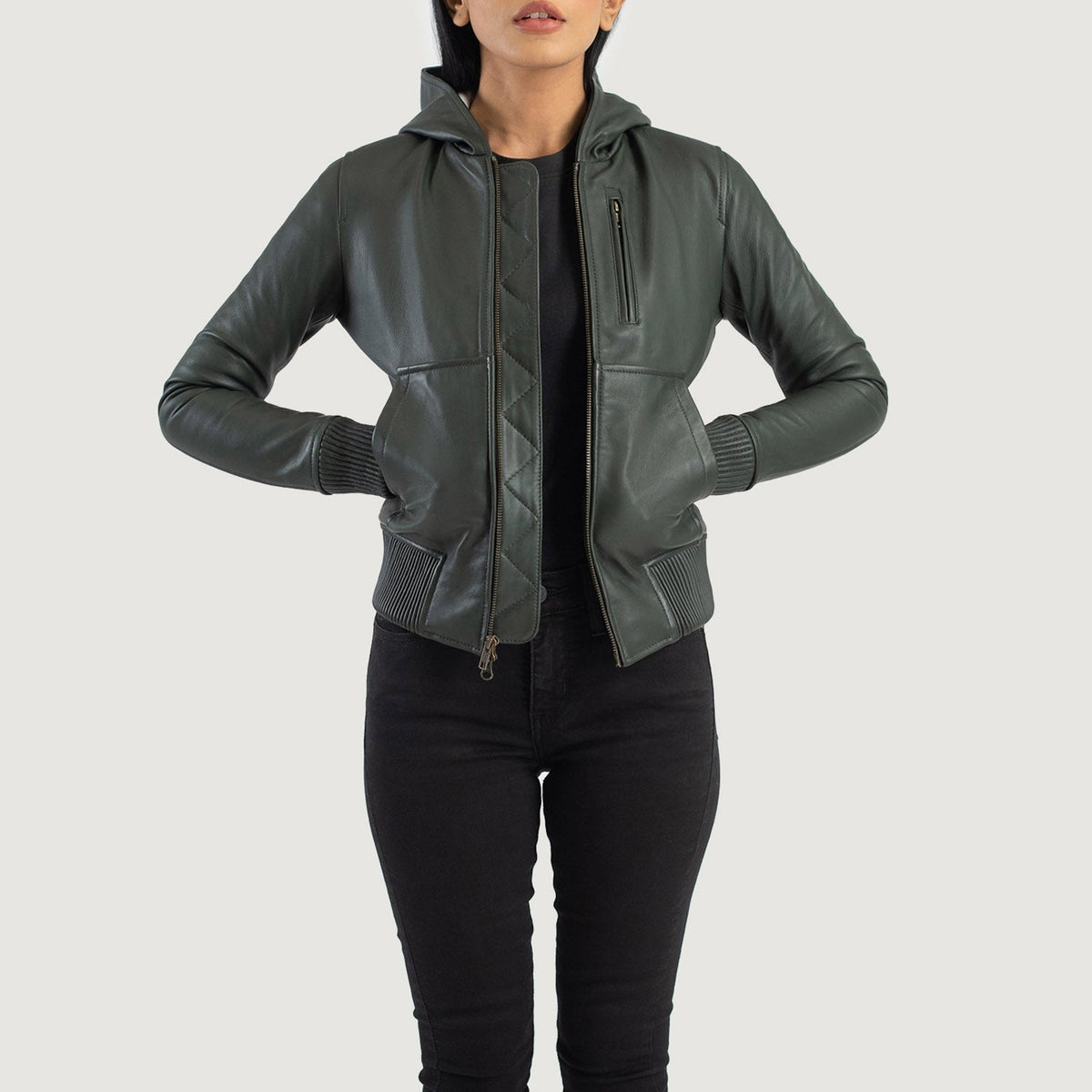 
Tailored Rib Cuffs & Hem Craftsmanship Construction Detail on Women's Luna Blue Hooded Leather Bomber Jacket